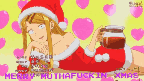 a girl in a santa hat is holding a cup of coffee and the words merry muthafuckin xmas are above her