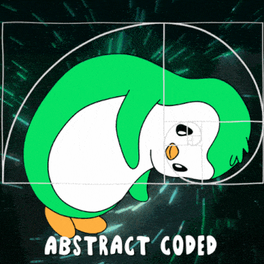 a drawing of a green and white penguin with the words abstract coded below it