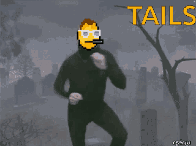 a pixel art of a man standing in a cemetery with the word tails written above him