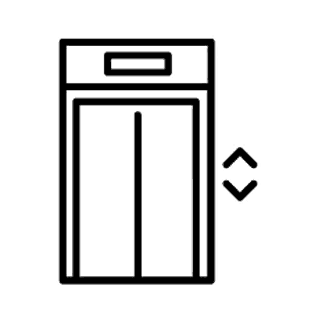 a black and white icon of an elevator with its doors open and arrows pointing up and down .