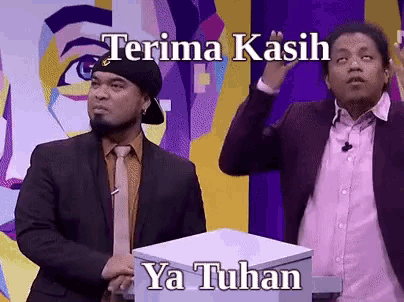 two men standing next to each other with the words terima kasih ya tuhan written on the bottom
