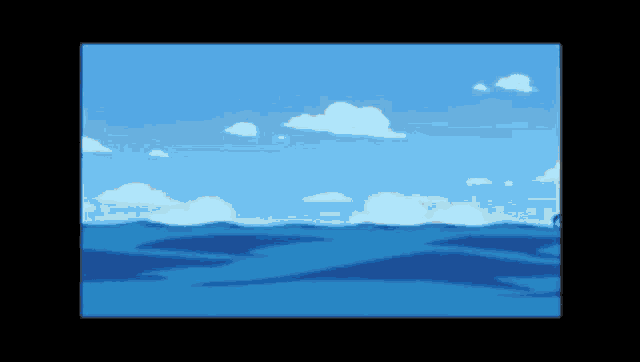 a cartoon illustration of a blue ocean with clouds in the sky .