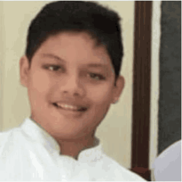 a young boy wearing a white shirt is smiling at the camera .