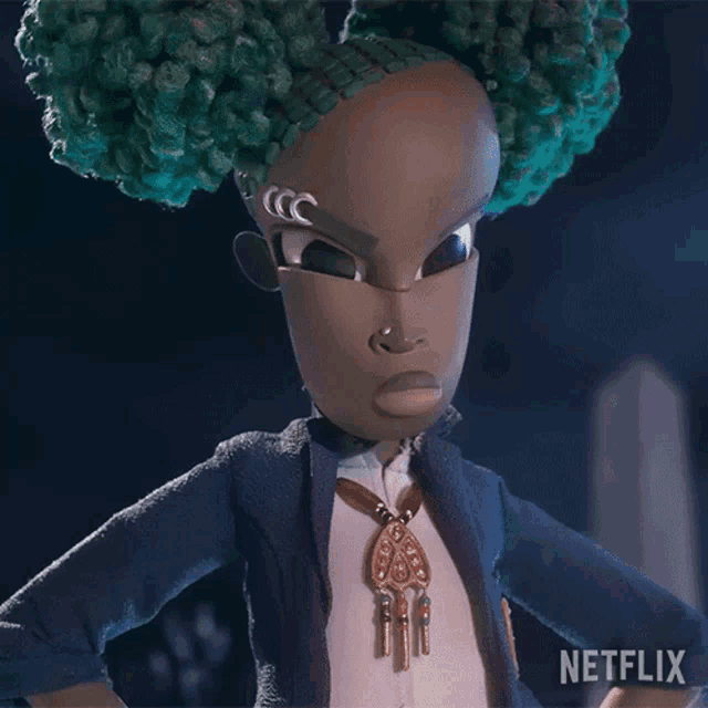 a close up of a doll with a necklace and a netflix logo