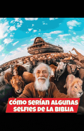 a man with a beard is surrounded by animals with the words como serian algunas selfies de la biblia