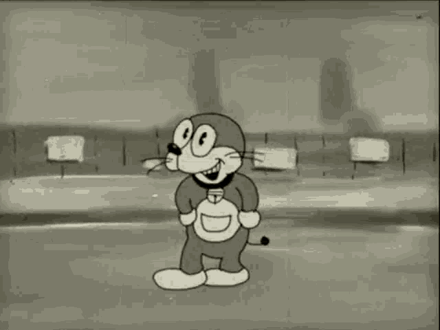 a black and white cartoon of a cat standing in front of a train .