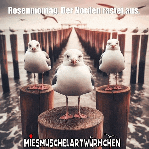 three seagulls are standing on wooden posts in front of a body of water