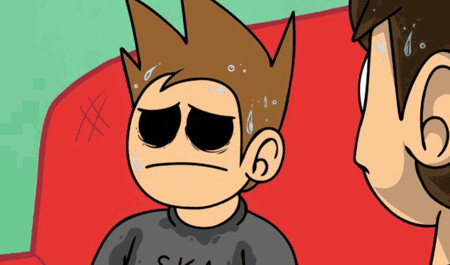 a cartoon drawing of a boy wearing a shirt that says " ska "