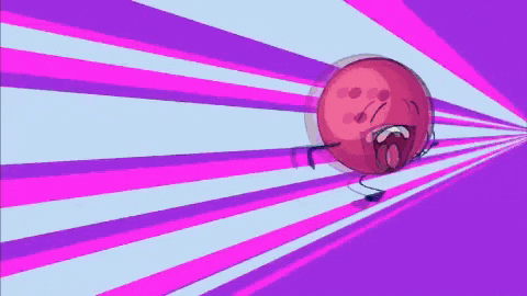 a cartoon bowling ball with arms and legs is running on a purple and blue striped background