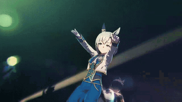 a cartoon character is dancing on a stage with her arms outstretched and a green background .