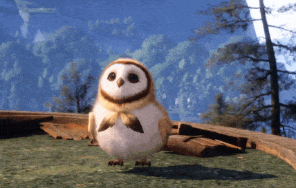 a small brown and white owl is standing on a grassy hillside