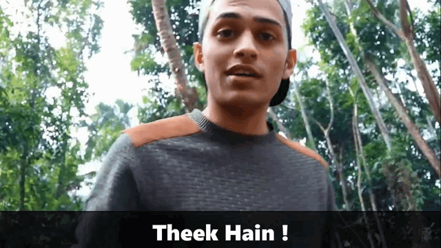 a man wearing a hat and sweater stands in front of trees and says theek hain !