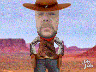 a cartoon of a man dressed as a cowboy with jib jab written in the corner
