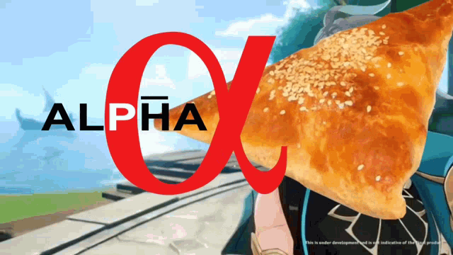a person holding a piece of bread with sesame seeds in front of a sign that says alpha x