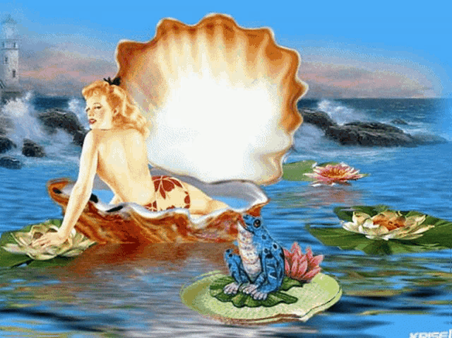 a frog is sitting on a lily pad next to a woman in a shell