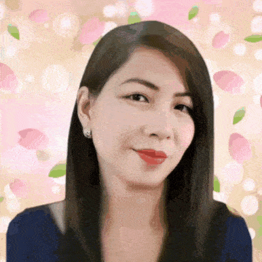 a woman with long hair and red lips is smiling in front of a pink background with flowers