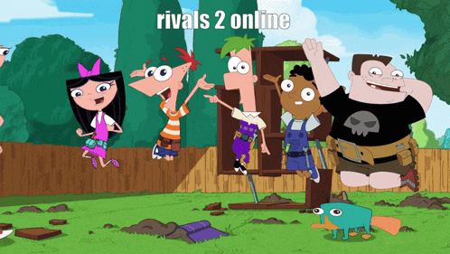 a cartoon of phineas and ferb with the words rivals 2 online above them
