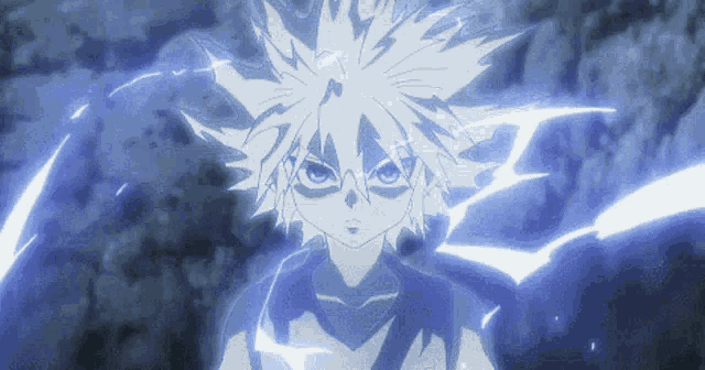 a close up of a person 's face with a blue lightning bolt coming out of it .