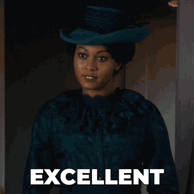 a woman wearing a green dress and a blue hat is standing next to the word excellent