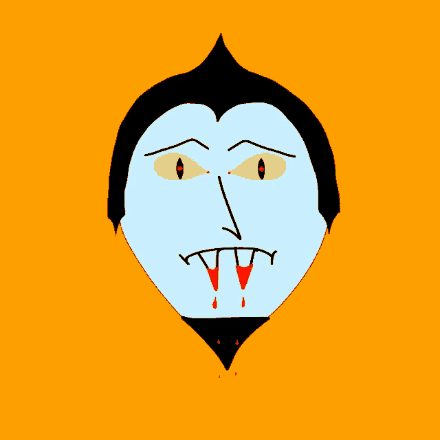 a cartoon of a vampire with blood dripping from his mouth and the word blah in red