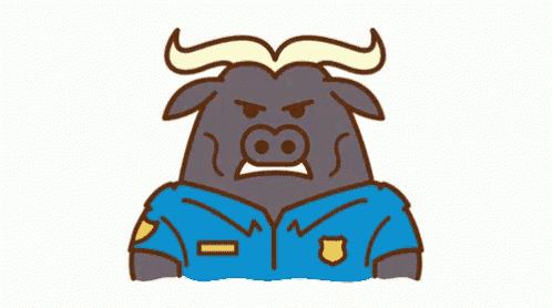a cartoon of a bull wearing a blue police uniform