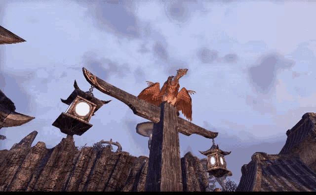 a dragon is sitting on top of a wooden post