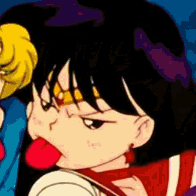 a cartoon girl is sticking her tongue out .
