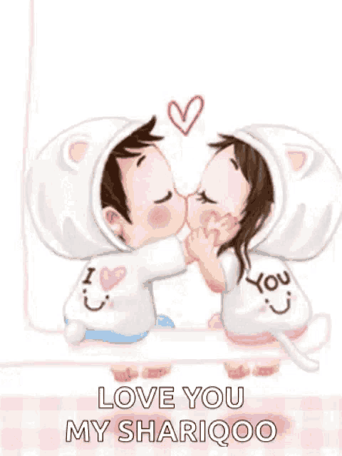 a cartoon of a boy and a girl kissing with the words `` love you my shariqoo '' .