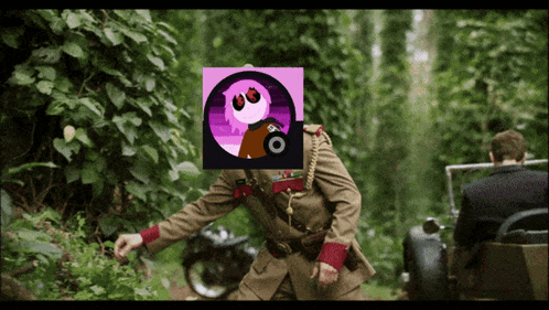 a man in a military uniform has a picture of a cartoon character on his face