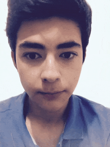 a young man wearing a blue shirt is looking at the camera