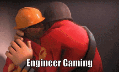 a cartoon of two men hugging with the words engineer gaming written below them