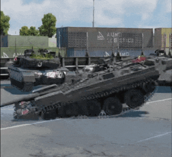 two tanks are parked in front of a shipping container that says aumg logistics