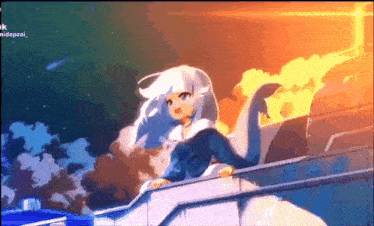 a girl with white hair is standing on a balcony with a fire in the background .