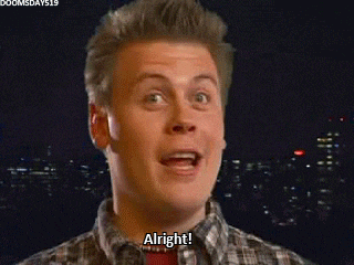 a man in a plaid shirt is making a funny face and saying alright .
