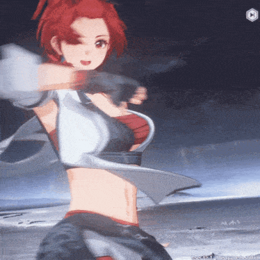 a screenshot of a video game shows a girl with red hair and a white shirt
