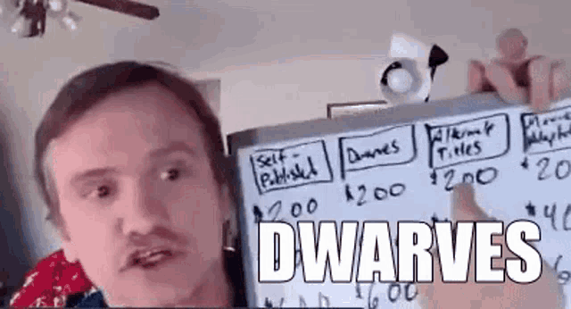 a man is holding a whiteboard with a list of dwarves on it .