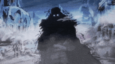 a painting of a person with glowing eyes standing in the dark