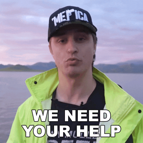 a man wearing a hat that says metica says we need your help