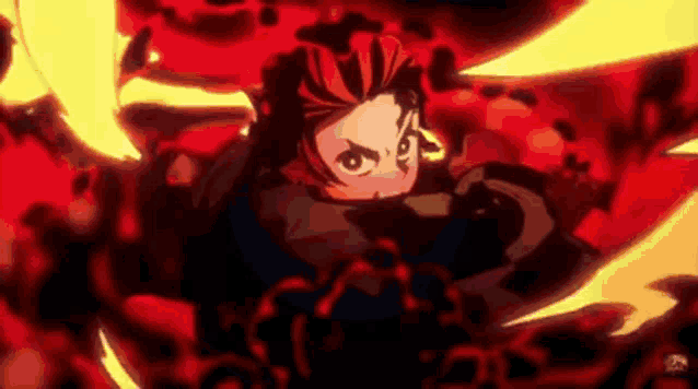 a close up of a person 's face in a cartoon with a red and yellow background .
