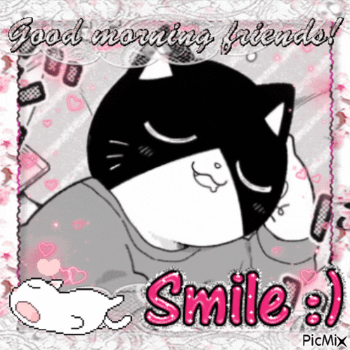 a picture of a cat with the words " good morning friends smile " on it