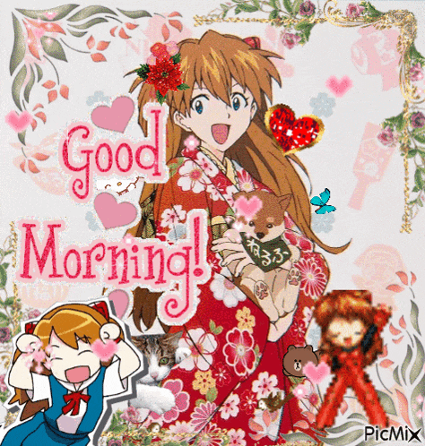 a picture of a girl holding a dog with the words good morning written on it