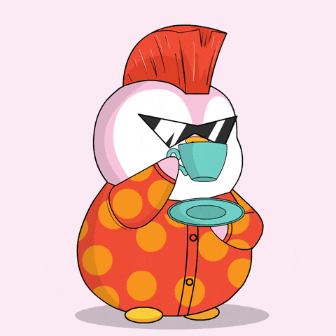 a penguin with sunglasses and a mohawk drinking a cup of tea