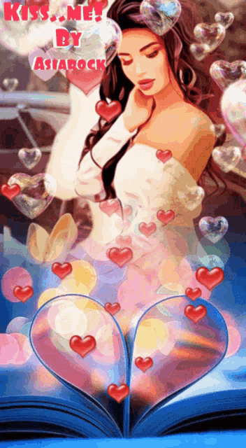 a woman in a white dress is surrounded by hearts and bubbles with the words kiss me by asiarock