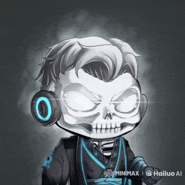 a cartoon drawing of a skeleton wearing headphones and a blue shirt