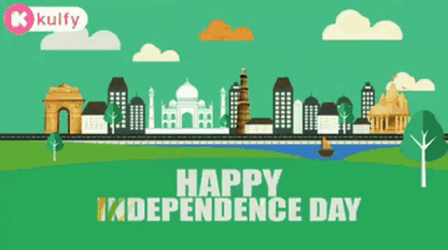 a happy independence day poster with a city skyline in the background