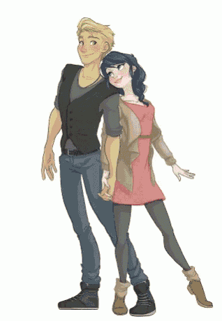 a boy and a girl are standing next to each other and holding hands
