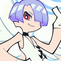 a cartoon drawing of a girl with purple hair