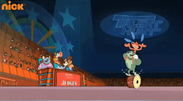a cartoon of a talent hunt with a judges box in the background