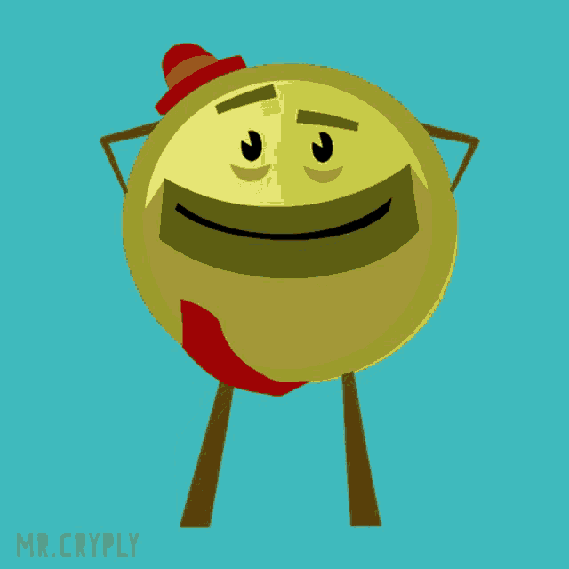 a yellow smiley face with a red hat and tie and the words mr.cryply underneath