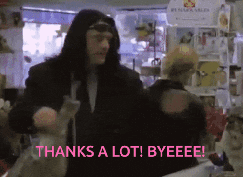 a man in a black jacket says thanks a lot byeeee